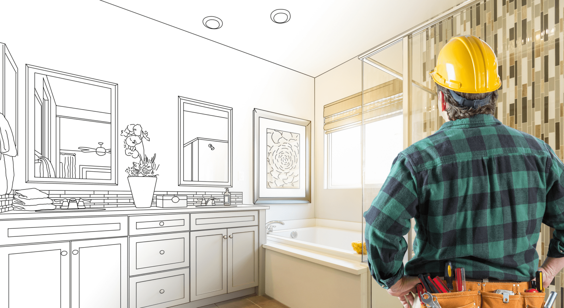 Construction worker envisioning bathroom renovation blueprint.