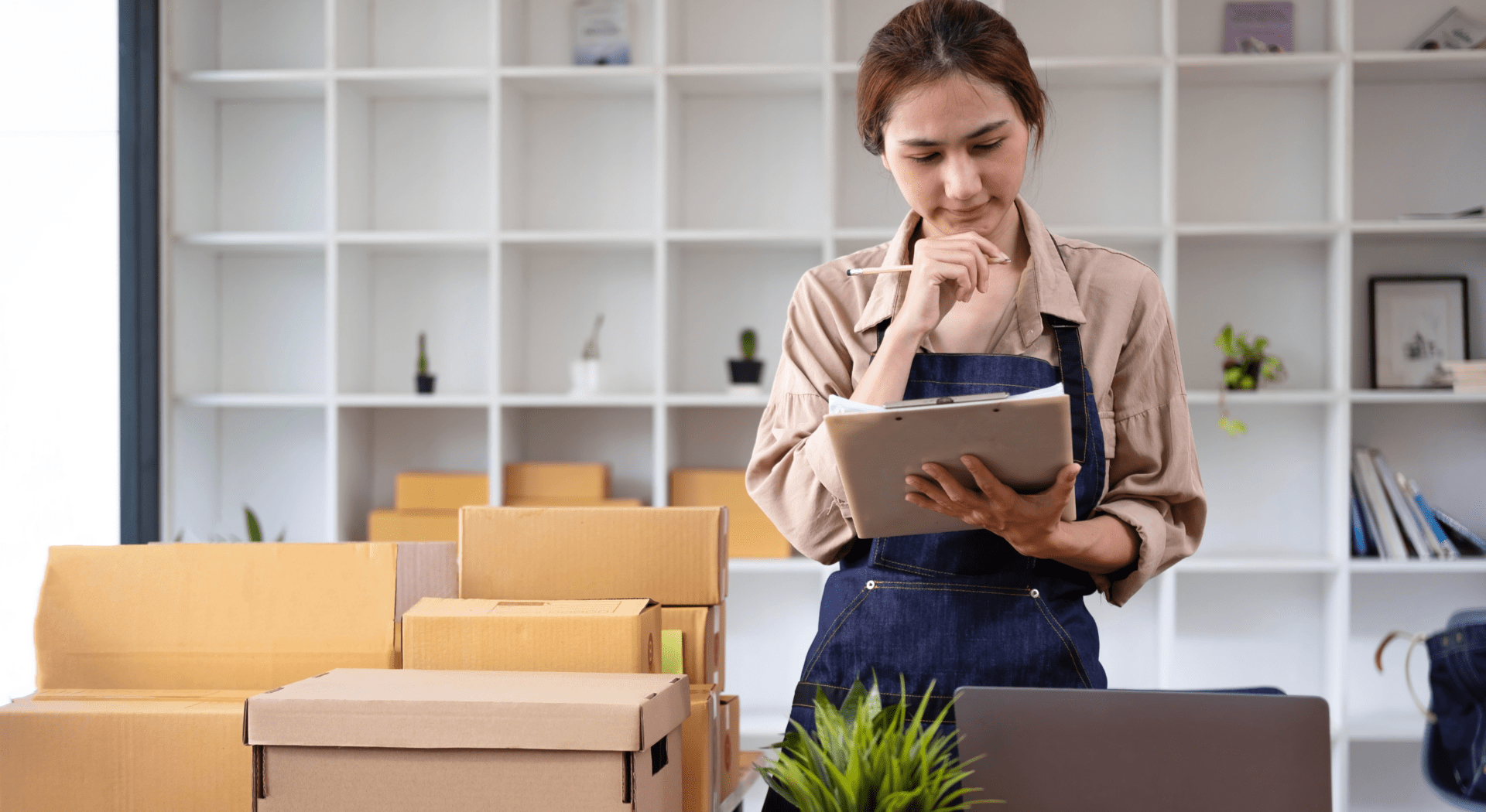 Woman reviewing clipboard near cardboard boxes.